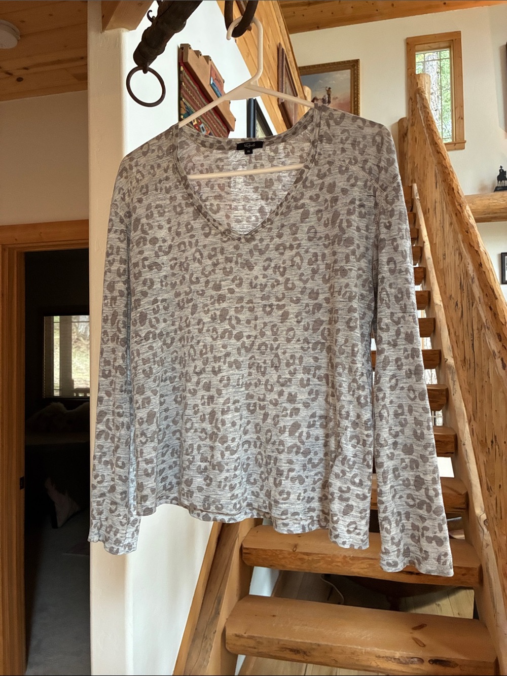 Rails Gray Leopard Print Long Sleeve V-Neck Top